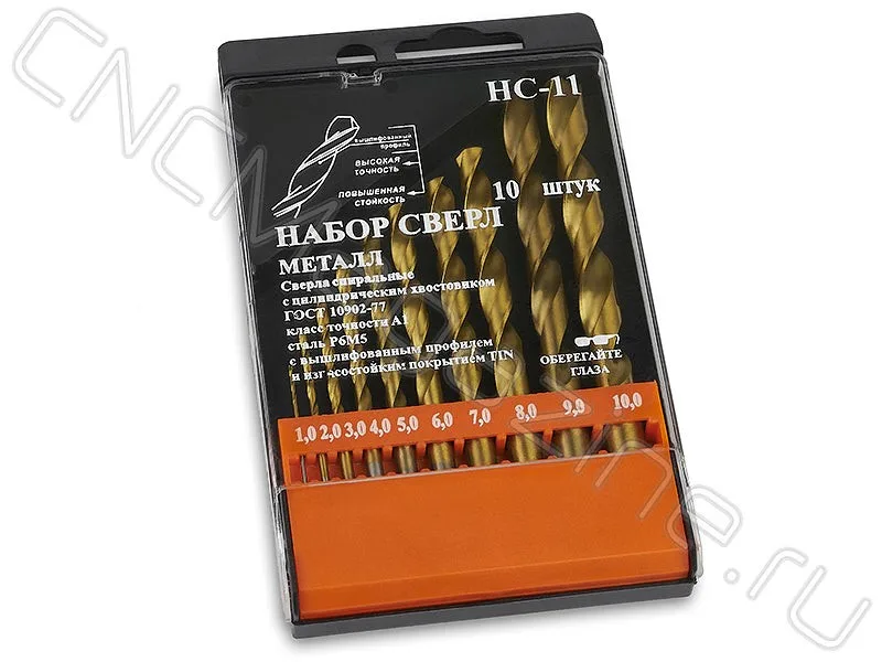 Набор сверл по металлу 1-10 мм (10 шт, шаг 1.0) Р6М5 Tin, пласт. коробка CNCM 825100000, арт. 20024: фото 3