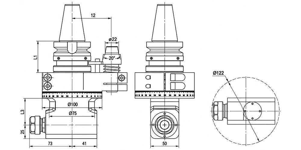 Угловая фрезерная головка с наклоном 90 град. AG90-BT40-ER20-50 MetalCraft, арт. 00137682: фото 2