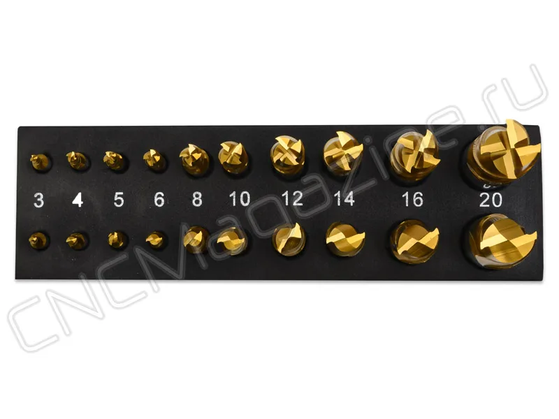 Набор концевых фрез по металлу 20 шт, HSS TIN, D: 3, 4, 5, 6, 8, 10, 12, 14, 16, 20 мм, Z-4/2 CNCM, арт. 27337: фото 2