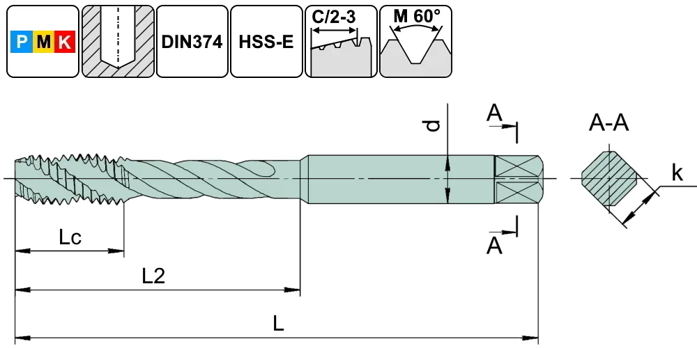 TSF1.M10х1,25.6H.DIN374.TiN.M35 Метчик М10х1,25 для глухих отверстий, DIN374, с покрытием TiN SCHWARZMAIER, арт. 00110129