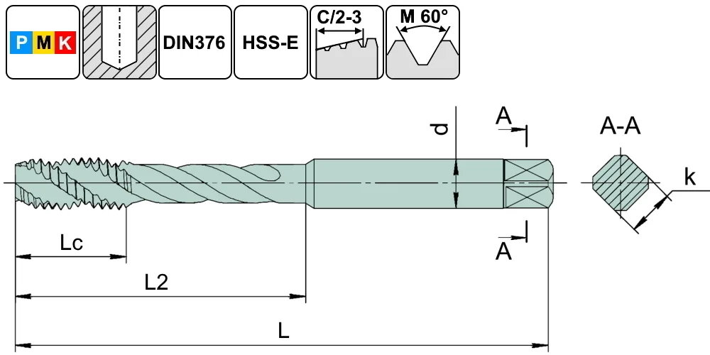 TSF1.M14х2,0.6H.DIN376.TiN.M35 Метчик М14х2,0 для глухих отверстий, DIN376, с покрытием TiN SCHWARZMAIER, арт. 00110113: фото 3