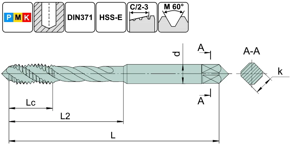 TSF1.M5х0,8.6H.DIN371.TiN.M35 Метчик М5х0,8 для глухих отверстий, DIN371, с покрытием TiN SCHWARZMAIER, арт. 00110103: фото 3