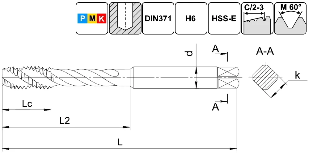 TSF1.M8х1,25.6H.DIN371.TiN Метчик M8х1,25 для глухих отверстий, DIN371 с покрытием TiN SCHWARZMAIER, арт. 00101709