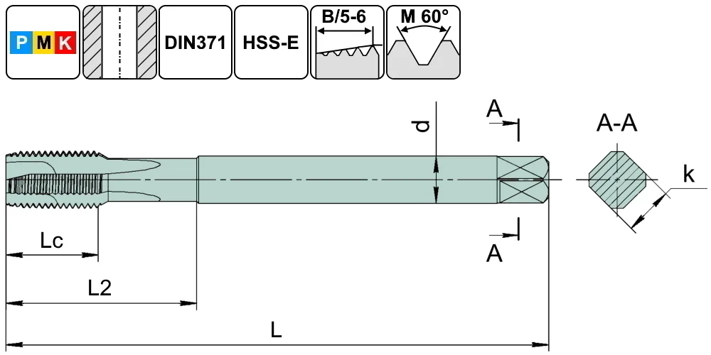 TSP1.M10х1,5.6H.DIN371.TiN.M35 Метчик М10х1,5 для сквозных отверстий, DIN371, с покрытием TiN SCHWARZMAIER, арт. 00110175