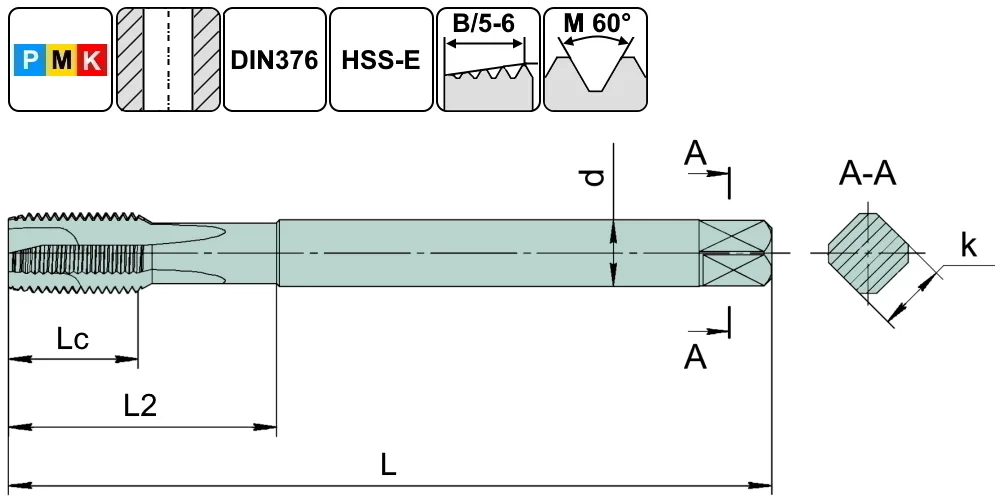 TSP1.M16х2,0.6H.DIN376.TiN.M35 Метчик М16х2,0 для сквозных отверстий, DIN376, с покрытием TiN SCHWARZMAIER, арт. 00110181: фото 3